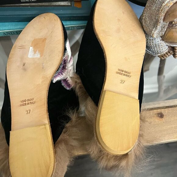 GIA COUTURE BLACK VELVET FLORAL FUR SLIP ON FLATS SHOES. Made in Italy. Size 37. - Picture 3 of 13